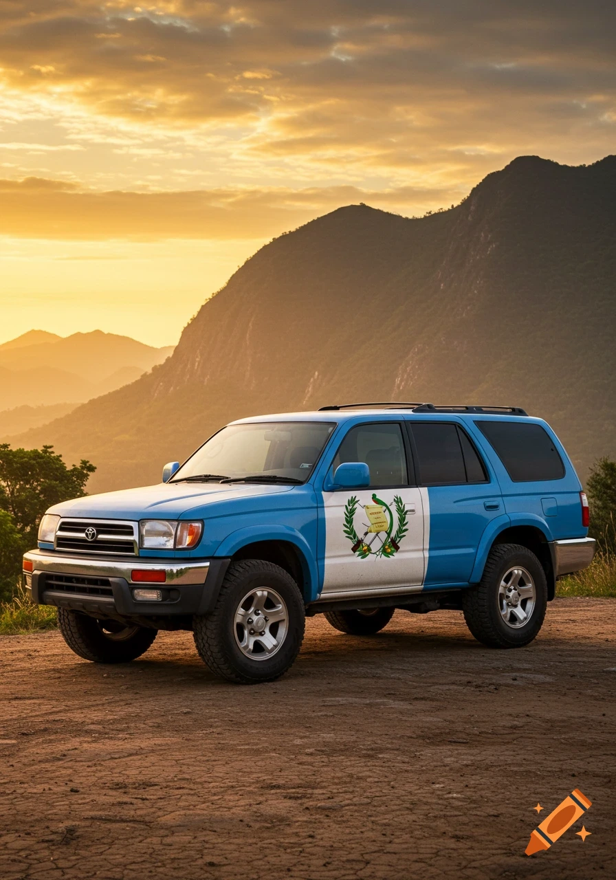 A blue and white Toyota 4Runner with a Guatemalan flag painted on its side, parked on a dirt road in front of mountains at sunset.