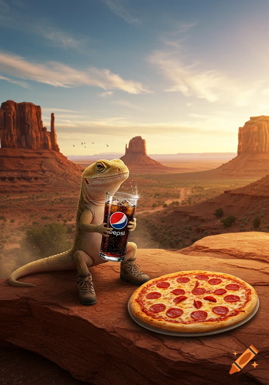 A photorealistic lizard wearing boots sits on a desert rock, holding a Pepsi next to a pepperoni pizza, with Monument Valley-like formations at sunset.