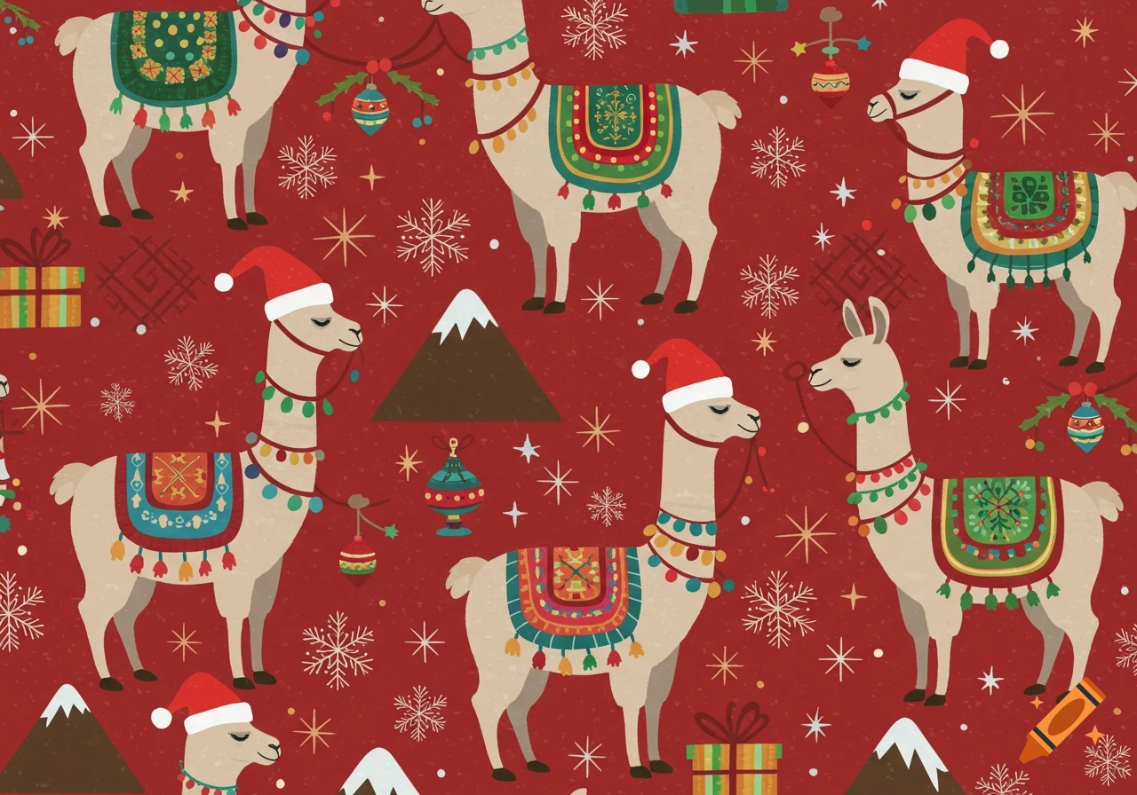 Seamless pattern of festive llamas wearing Santa hats and Christmas decorations, surrounded by snowflakes and gifts on a red background.
