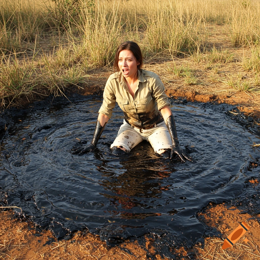 A horrified woman with tar-covered hands and legs is mired in a black tar pit in a grassy savanna.