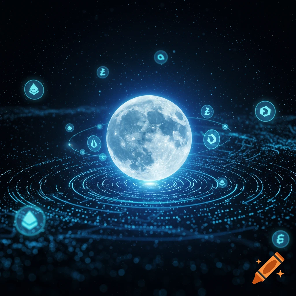 A glowing full moon in a dark space, surrounded by radiating blue light lines and orbiting cryptocurrency symbols.