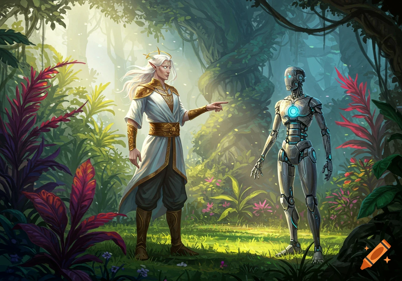 An elf-like aasimar with white hair and a halo points at a grey robot in a lush, brightly lit jungle.