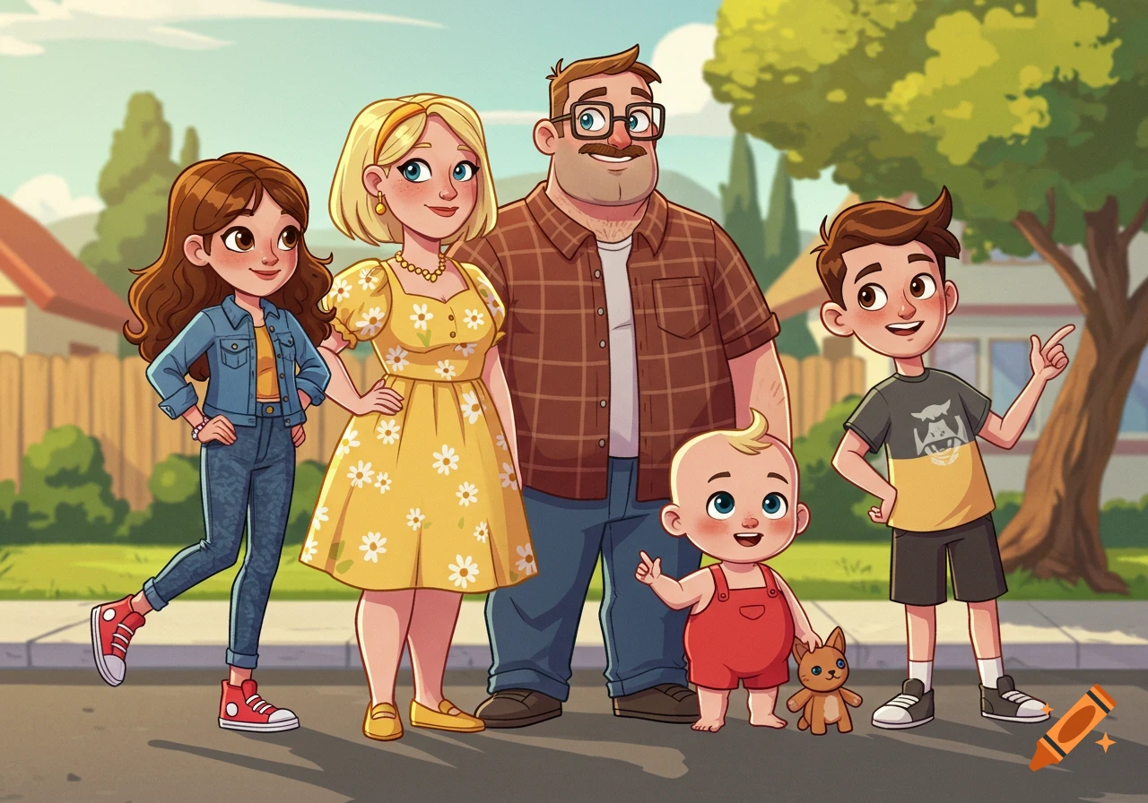 A smiling cartoon family with parents and three children, including a baby, standing on a sidewalk in a suburban neighborhood.