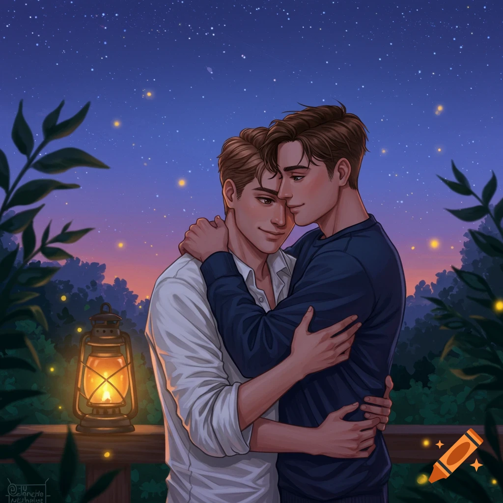 Two men lovingly embrace under a starry night sky with fireflies, beside a lit lantern, in an illustrative style.