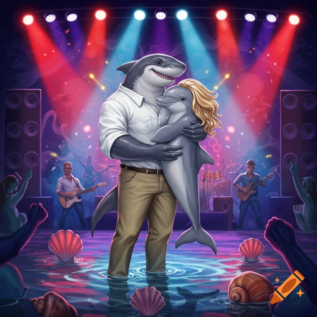An anthropomorphic shark in a white shirt embracing a dolphin with blonde hair on stage at a vibrant rock concert.