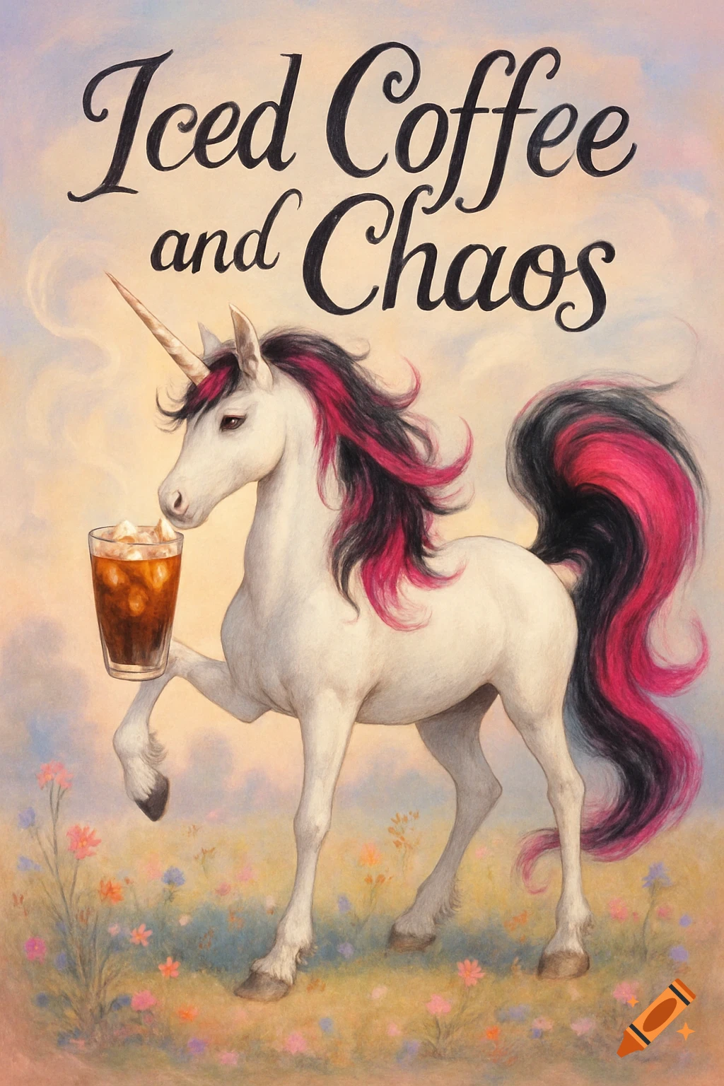 White unicorn with pink and black mane and tail holding an iced coffee in a flower field. Text above reads 'Iced Coffee and Chaos'.
