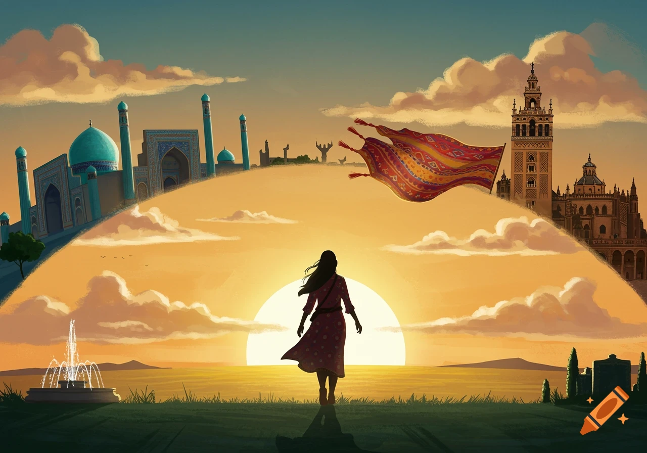 Stylized illustration of a woman walking into a sunset, framed by landmarks resembling Tashkent and Sevilla, with a flying carpet.