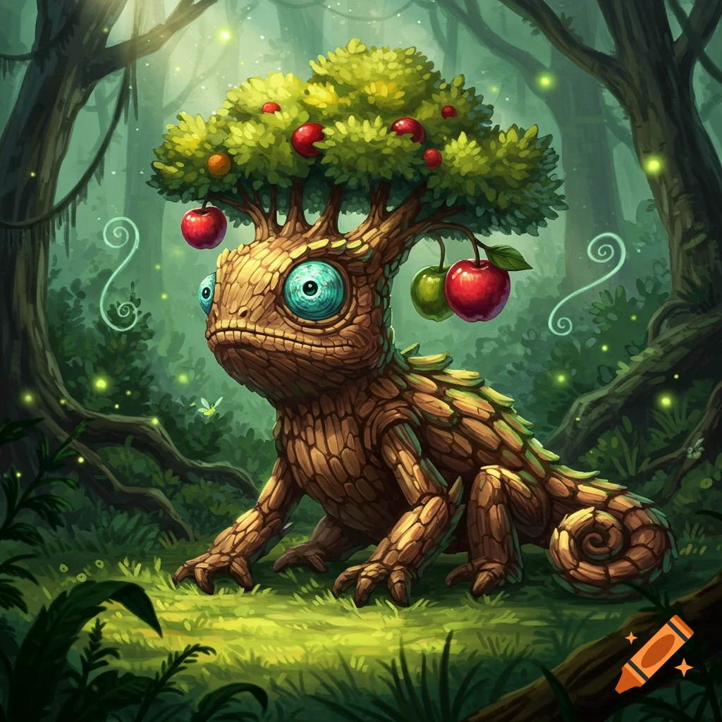 A whimsical, wood-textured lizard-like creature with large blue eyes and a small apple tree growing on its back, standing in a magical forest.