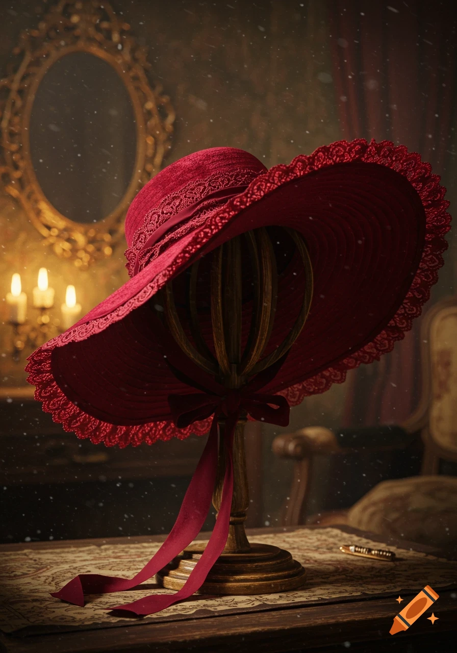 A Victorian-style red hat with lace trim and ribbons on a stand, sitting on a patterned table in a dimly lit, opulent room with a gilded mirror and lit candles.