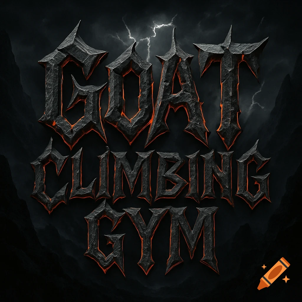 Text 'GOAT CLIMBING GYM' in a dark, spiky, death-metal font with orange glow, against a stormy, mountainous background.