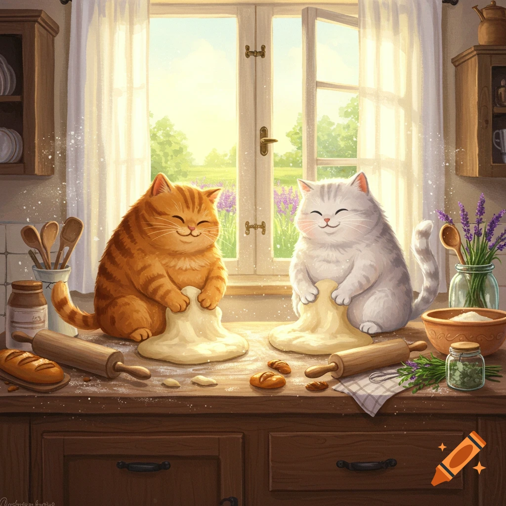 Two fluffy cats, one orange and one white, happily knead dough on a sunlit wooden kitchen counter with baking tools.