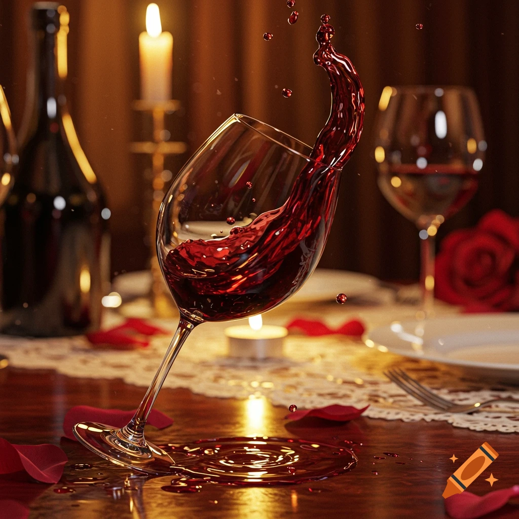 Photorealistic image of red wine spilling from a tilted glass onto a table with candles, rose petals, and a wine bottle.