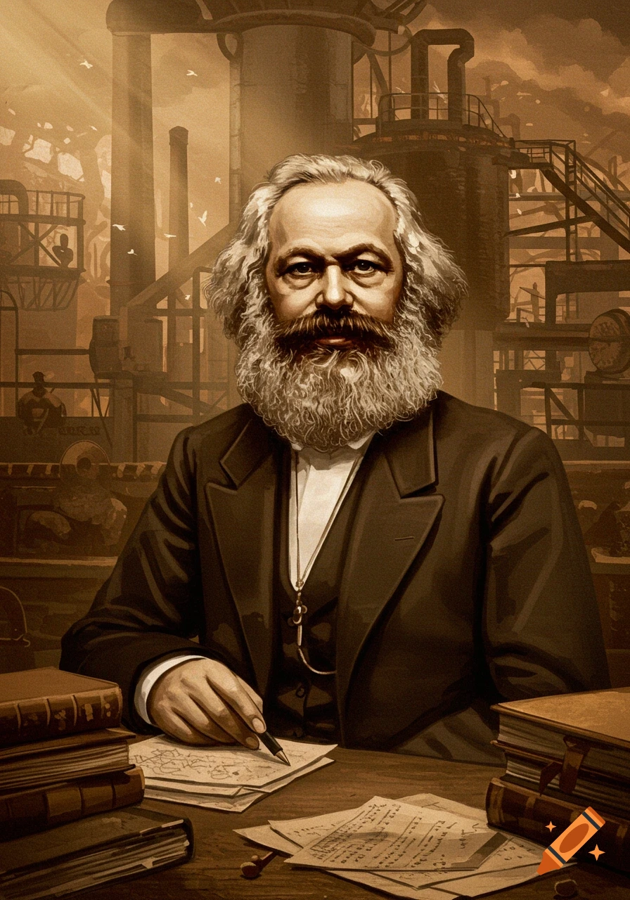 An illustrated portrait of Karl Marx with a full white beard, sitting at a desk with papers, against a sepia-toned industrial factory backdrop with smokestacks and birds.