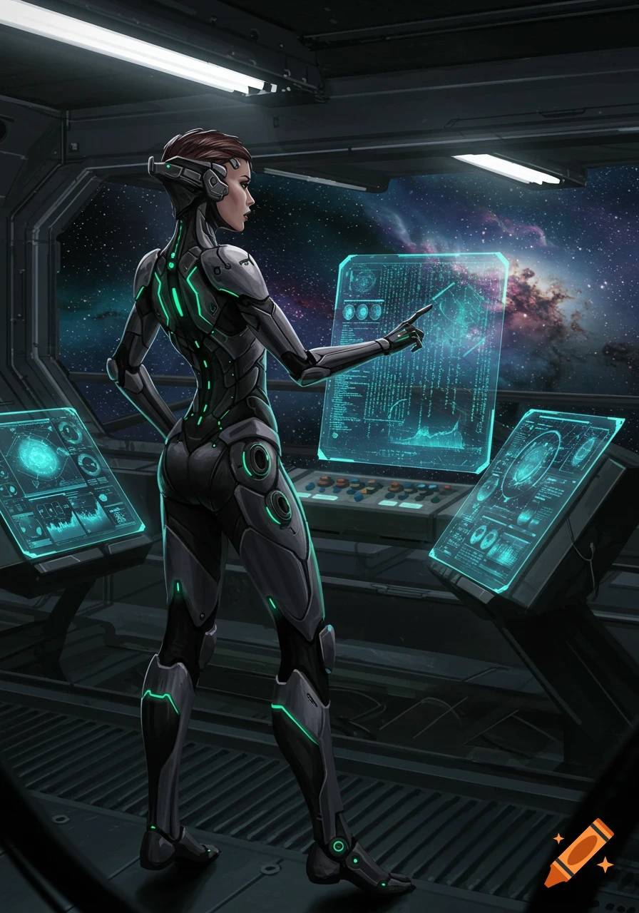 A woman in a futuristic suit stands in a spaceship bridge, interacting with holographic screens displaying data, with a starry space background.