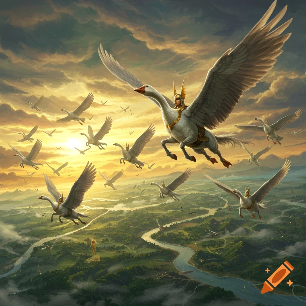 An army of winged goose-headed horses ridden by human figures fly through a golden sky above a green landscape with a river.