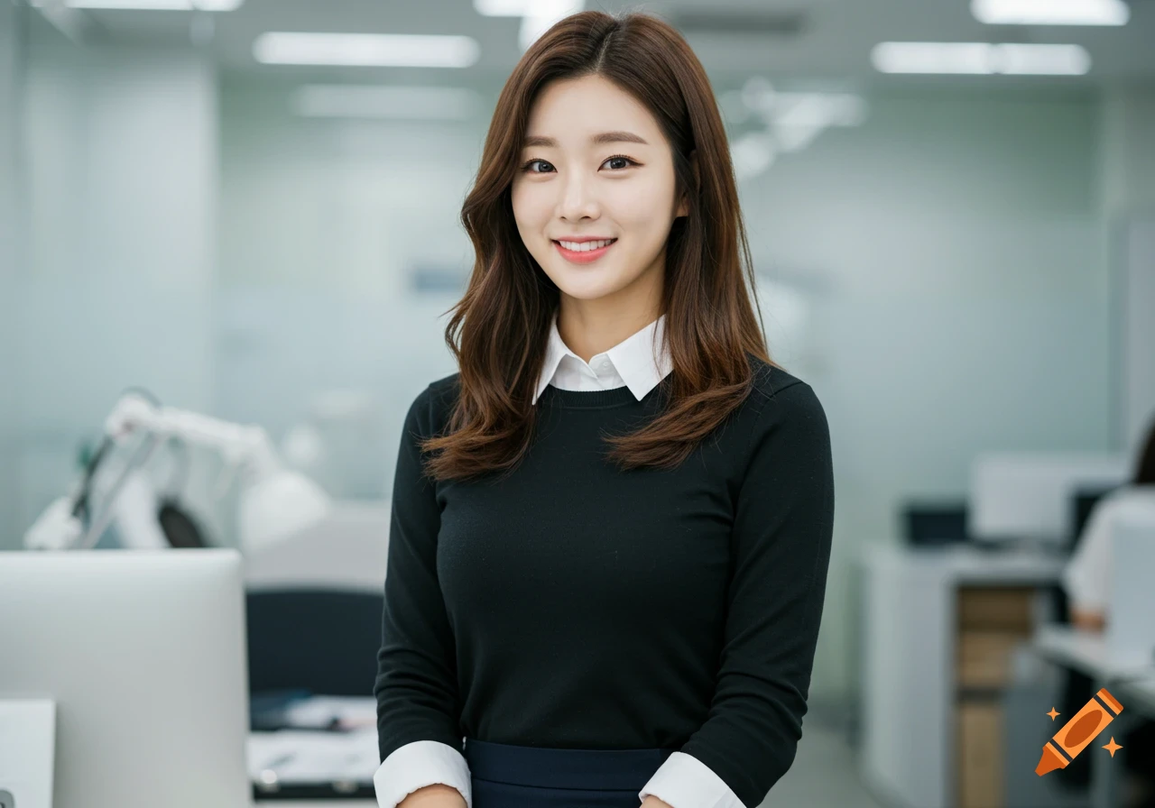 A young Korean woman with long brown hair smiles, wearing a black sweater over a white shirt, in a blurred office.