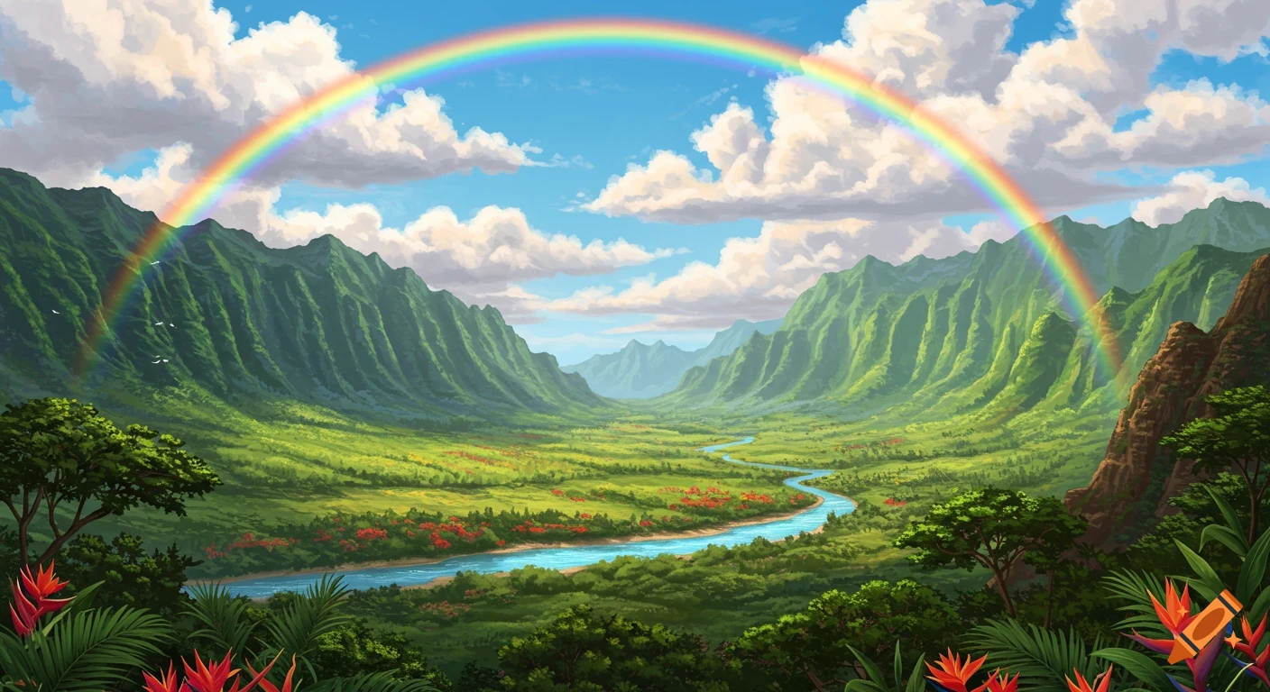 A vibrant, lush green valley with a winding blue river under a bright rainbow and cloudy sky, framed by steep mountains.