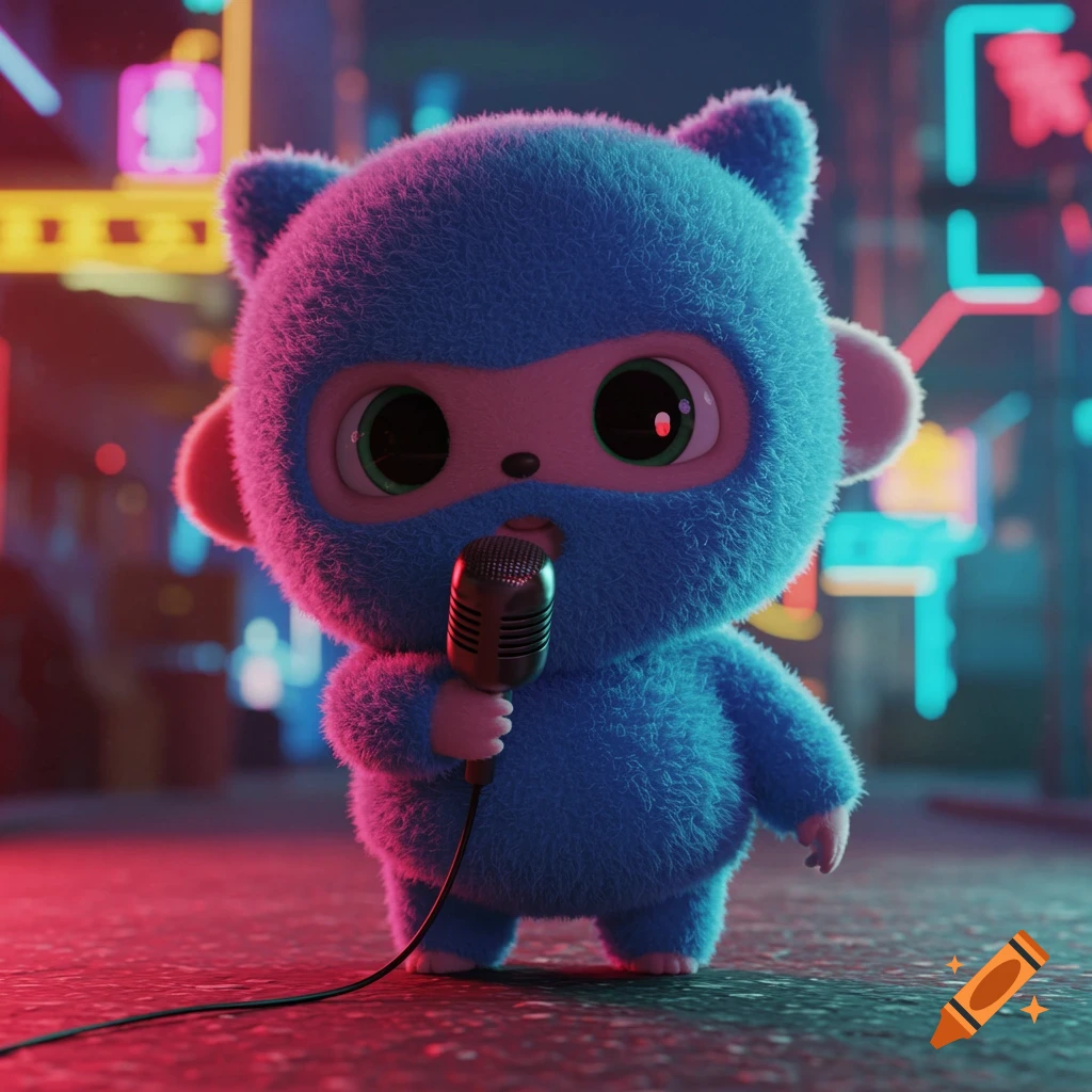 A cute, fluffy blue labubu-like creature wearing a balaclava stands in a neon-lit city street, holding a vintage microphone.