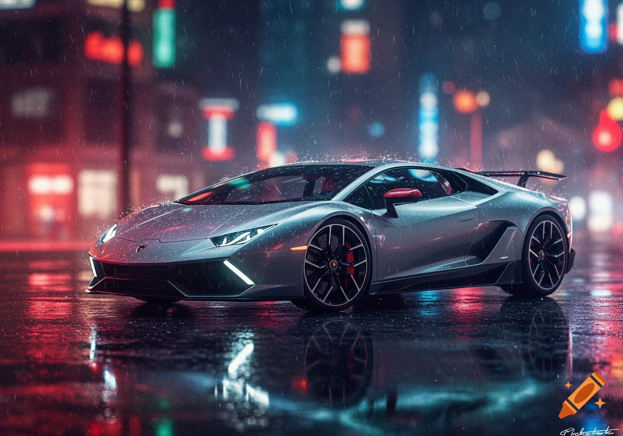 A sleek silver Lamborghini sports car on a wet city street at night, reflecting neon lights in the rain.
