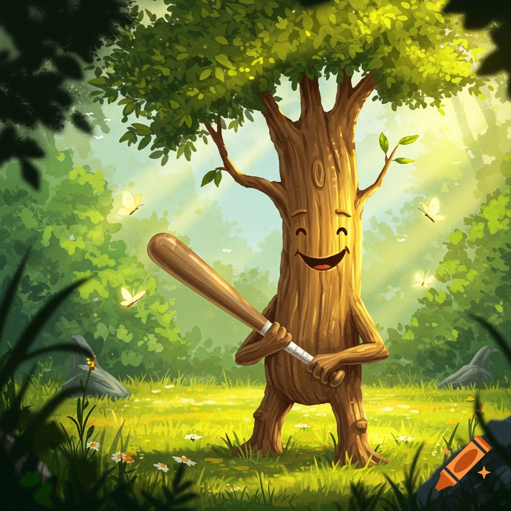 A cartoon illustration of a smiling tree character holding a baseball bat in a sunny forest with butterflies.