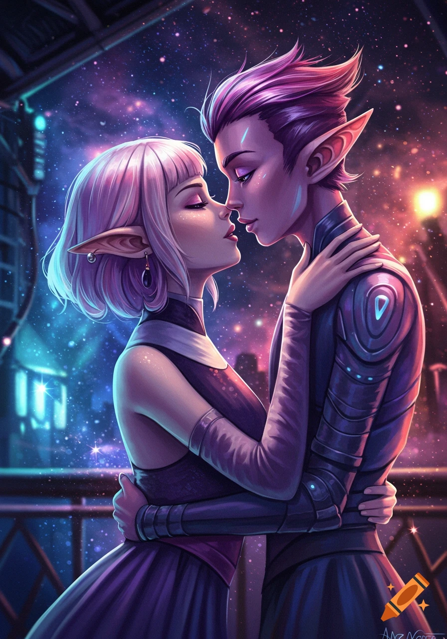 Two elf-like characters with colorful hair embrace, about to kiss under a starry, cosmic sky in a vibrant, illustrated style.