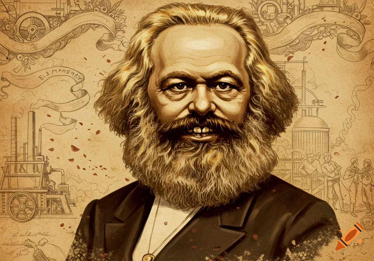 An illustration of Karl Marx with an overbite, on aged paper with background sketches of industrial machinery and workers in sepia tones.