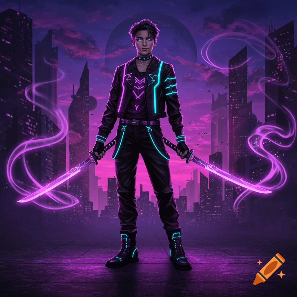 A male character in a cyberpunk setting, wearing a black jacket with glowing blue and pink neon lights, holding two glowing purple swords, against a purple city skyline.