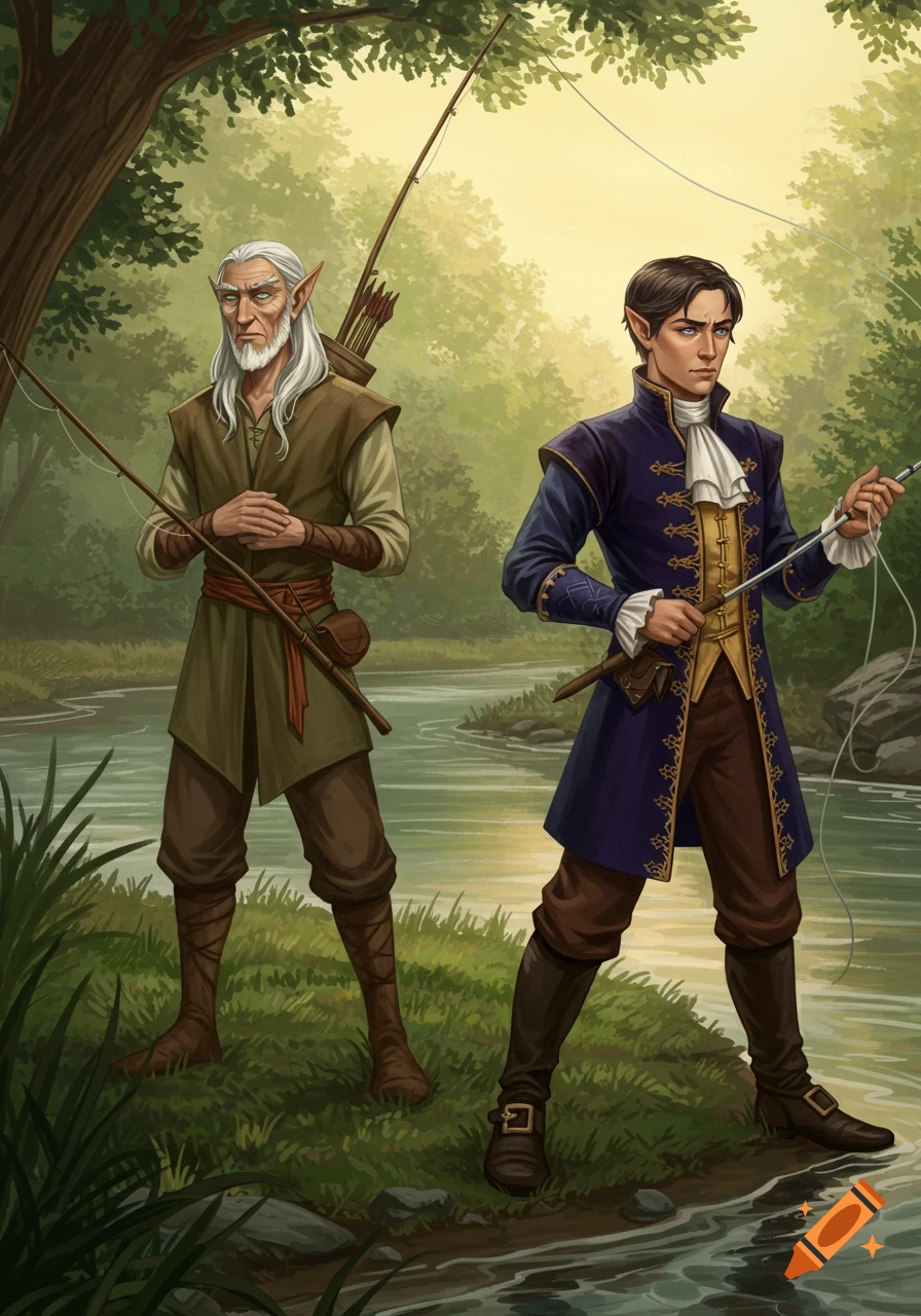 An old elf and a young human man fishing by a river at dawn in a fantasy illustration style.