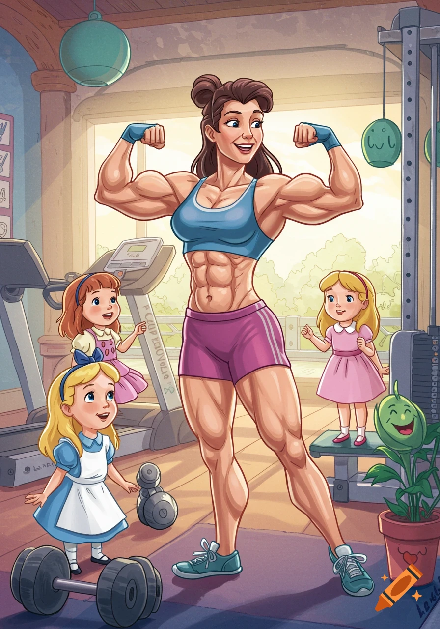 A cartoon of a muscular woman flexing in a gym with two young girls, including Alice, watching.