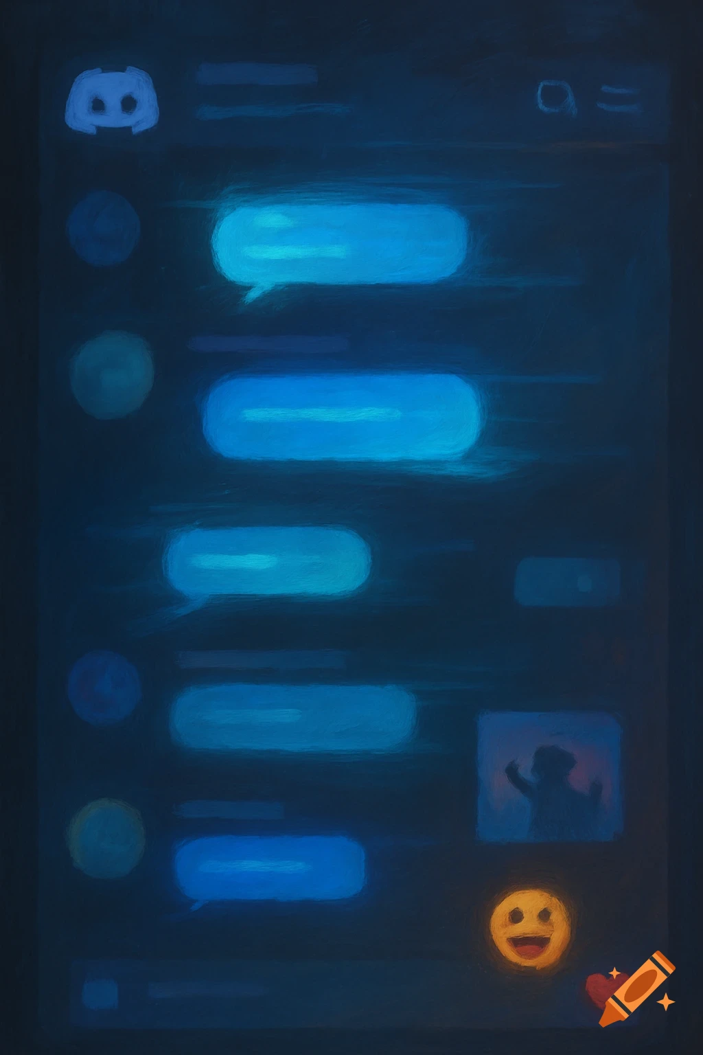 A dark blue painterly depiction of a Discord chat interface with glowing blue message bubbles, profile icons, and emojis.