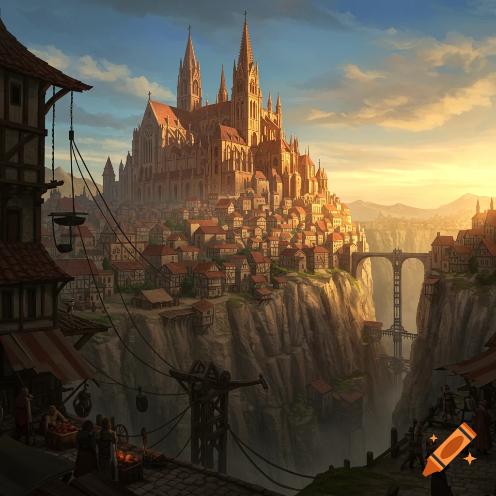 A sprawling medieval city with a large monastery built into a towering cliffside, illuminated by warm sunset light, with bridges spanning a deep chasm.