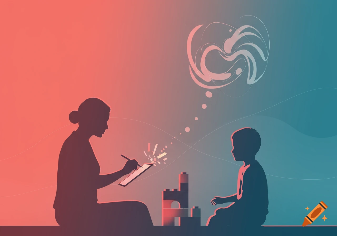 Minimalist silhouette illustration of a therapist writing on a tablet with a child playing blocks in a coral and teal gradient.