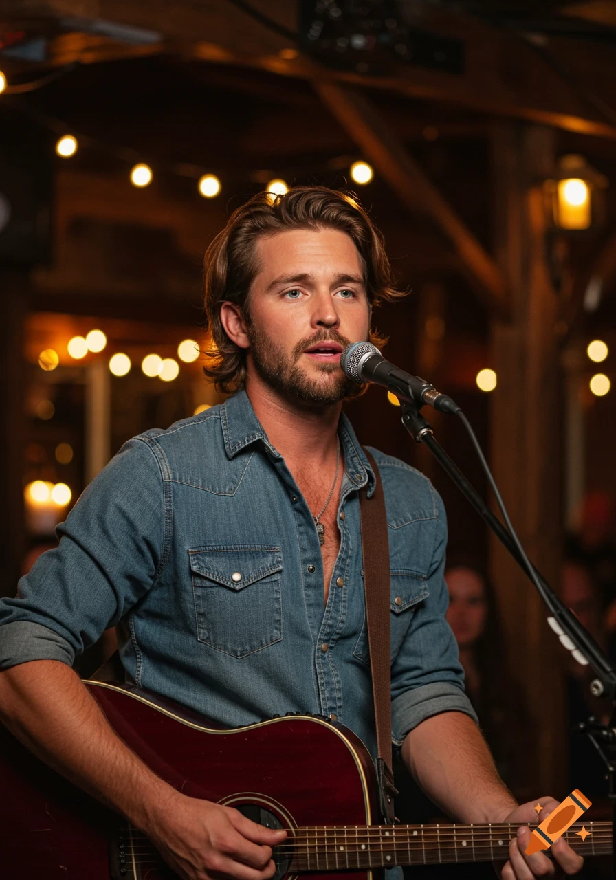 A man with a beard and denim shirt sings into a microphone while playing an acoustic guitar on stage, with warm string lights in the background.