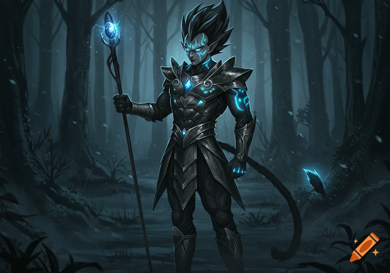 A dark elf-like warrior with spiky hair, glowing blue markings, and a tail, holding a staff in a mystical forest.