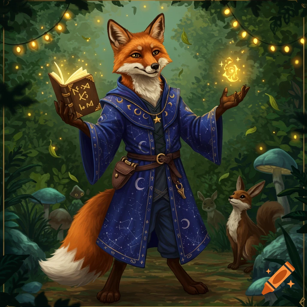 An anthropomorphic fox warlock in a blue robe with celestial patterns, holding a glowing spellbook and casting magic in a magical forest.