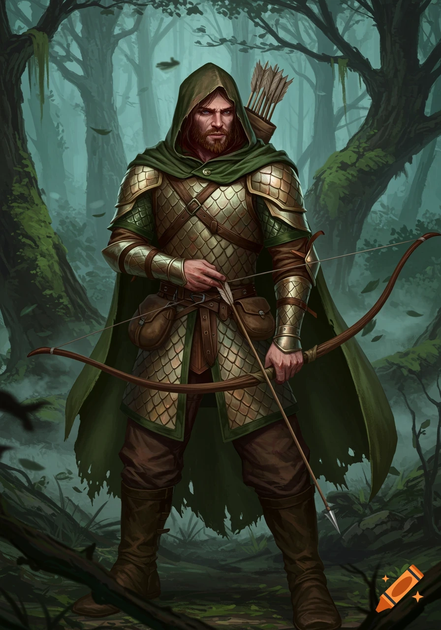 A male ranger in a green hooded cloak and golden scalemail armor stands in a mossy forest, holding a bow and arrow. Digital painting.