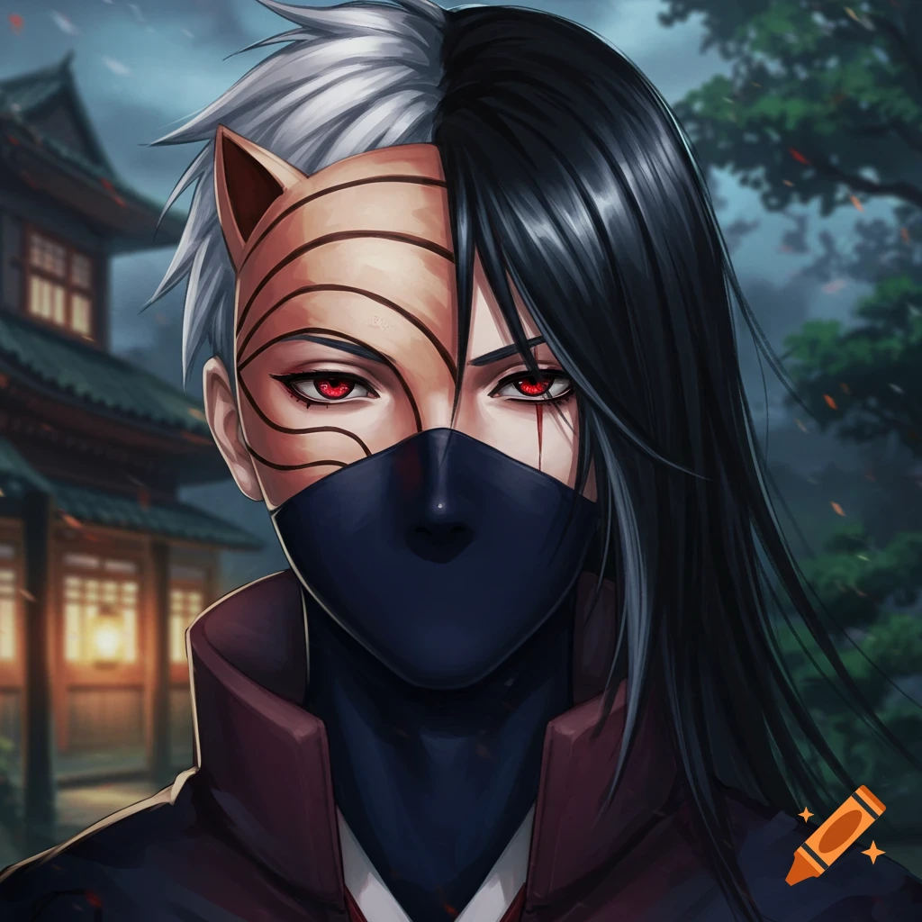 A close-up anime portrait of a character with half white and half black hair, red eyes, a patterned mask, and a dark cloth mask, against a blurred traditional Japanese building background.