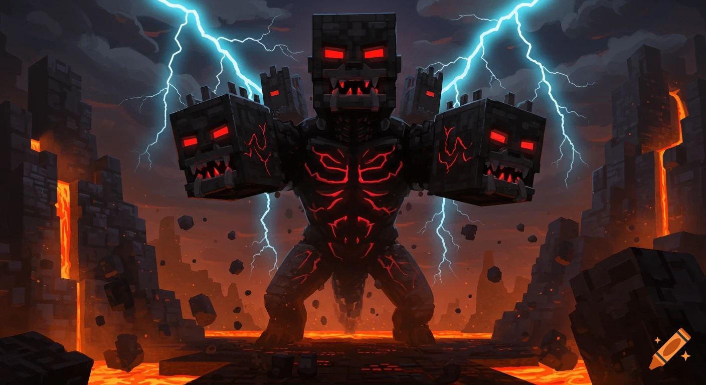 A powerful, blocky Wither monster from Minecraft with three heads and glowing red eyes stands in a fiery lava landscape with lightning.