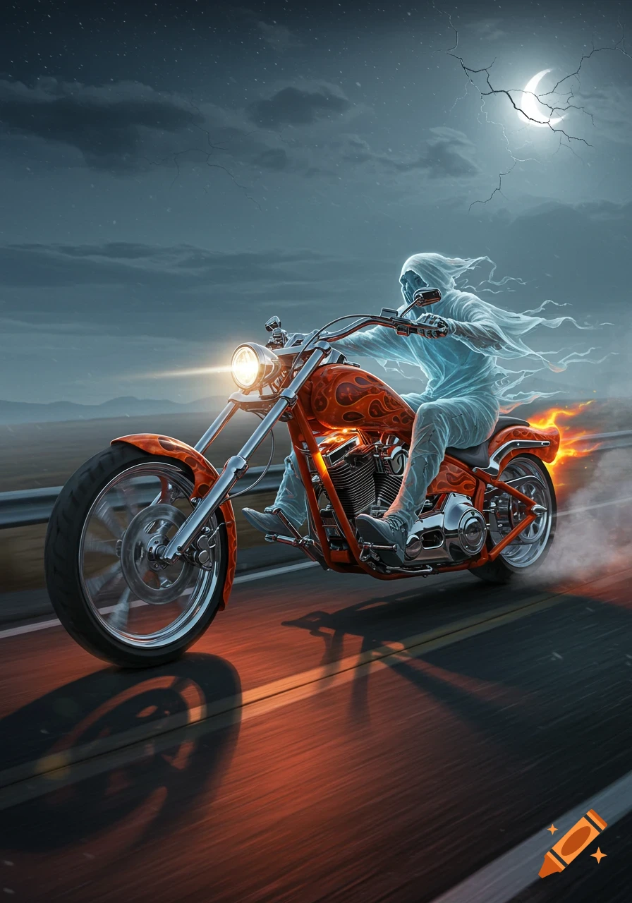A spectral ghost rides a flaming orange motorcycle down a dark highway under a cracked crescent moon at night.