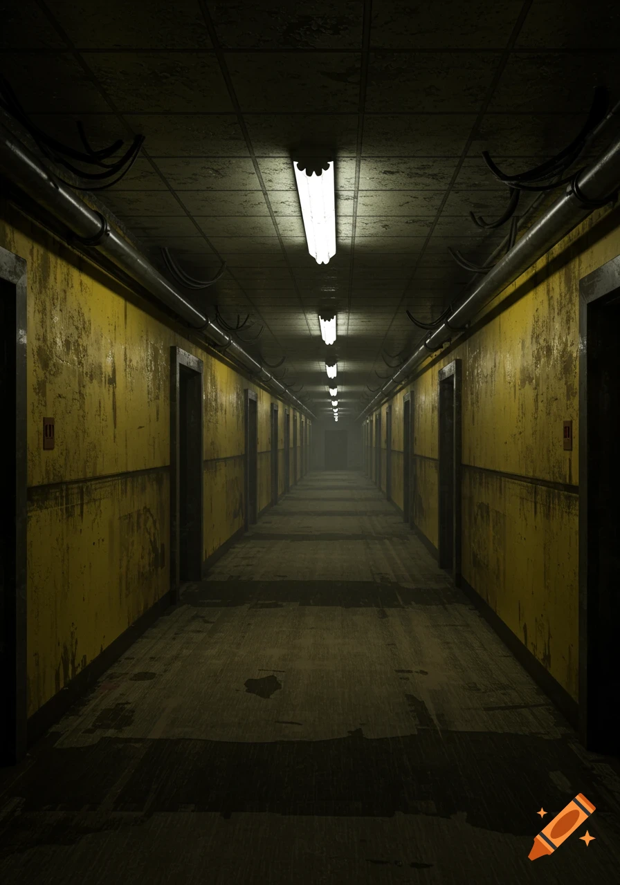 A dimly lit, long hallway with grimy yellow walls, numerous doors, and fluorescent lights on the ceiling, typical of an abandoned building.