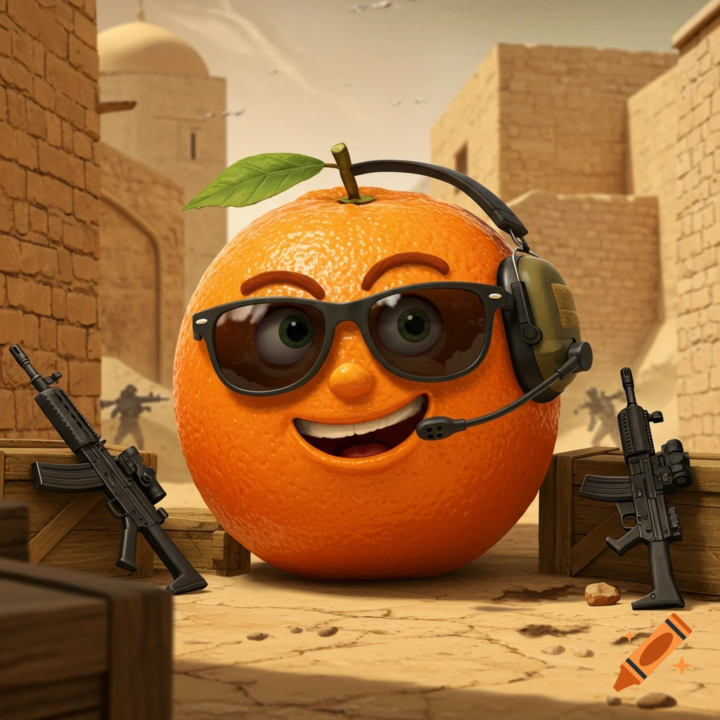 Cartoon Annoying Orange character wearing sunglasses and a headset, smiling, with assault rifles in a desert warzone.
