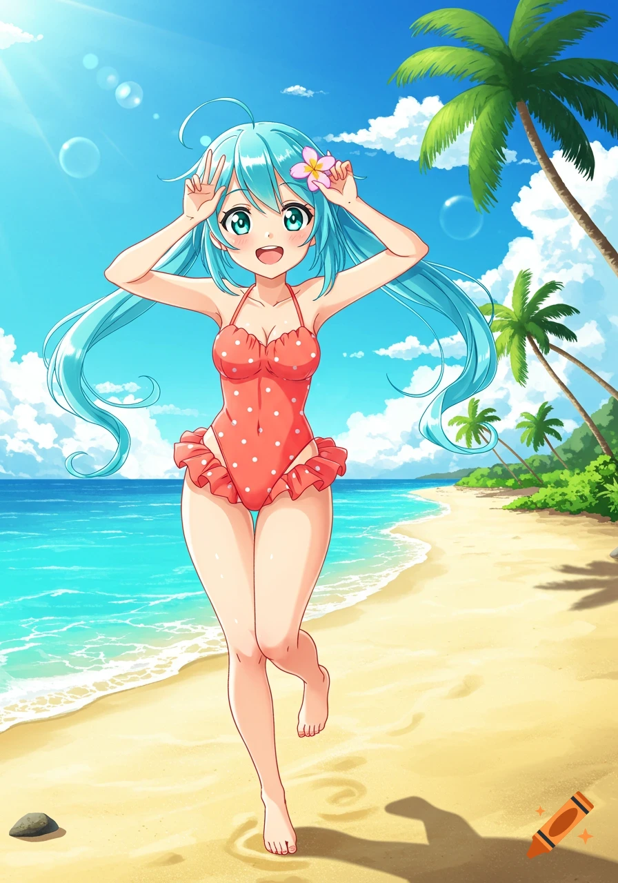 A smiling anime girl with blue hair in a red polka dot swimsuit runs on a sunny beach with palm trees.