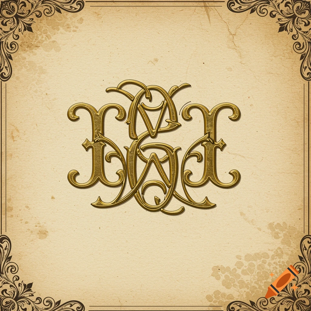 An ornate gold monogram intertwined with letters on a textured vintage paper background with decorative borders.
