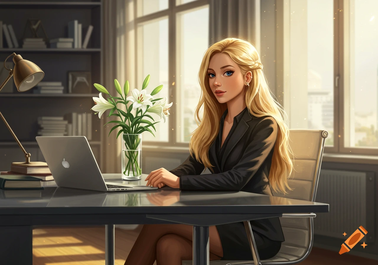 A blonde woman in a black suit sits at a desk with a laptop and a vase of white lilies in an office.