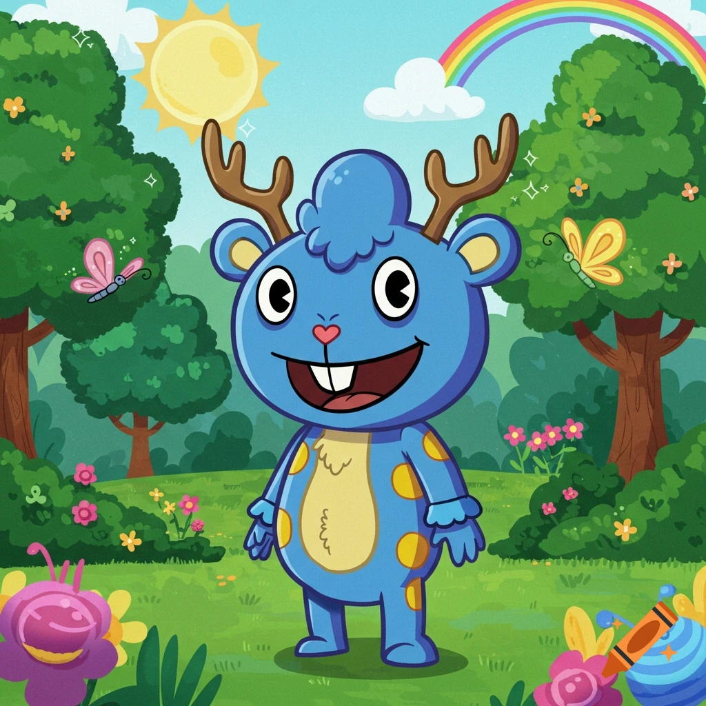 A blue cartoon character with antlers and a large belly stands in a sunny, green field with trees, flowers, butterflies, and a rainbow.