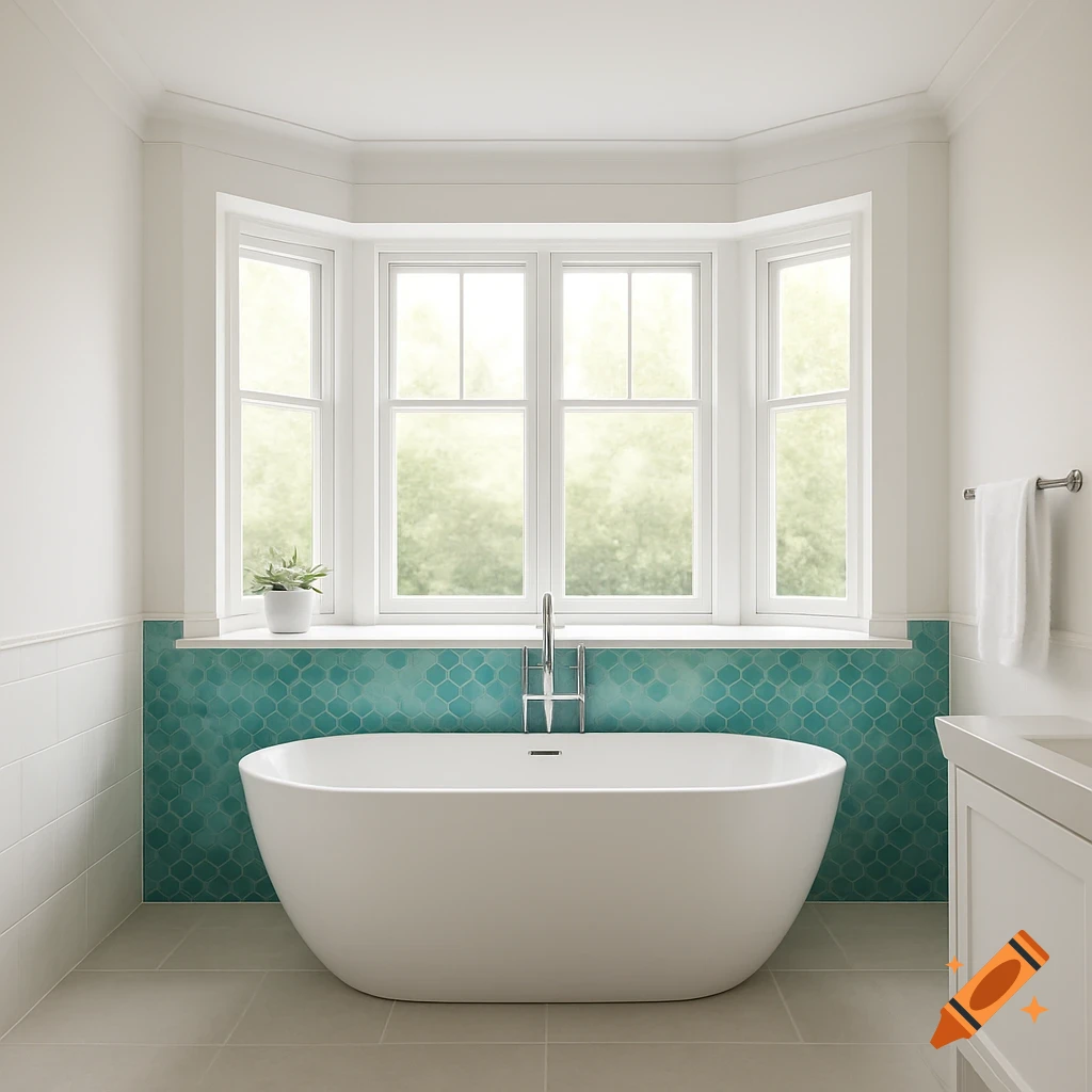A bright, photorealistic bathroom with a white freestanding tub in front of a bay window with aquamarine tiles below.