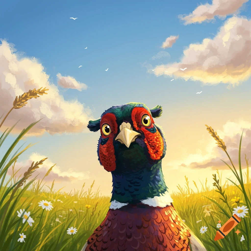 A colorful, stylized pheasant looks directly at the viewer from a grassy field under a bright, cloudy sky.