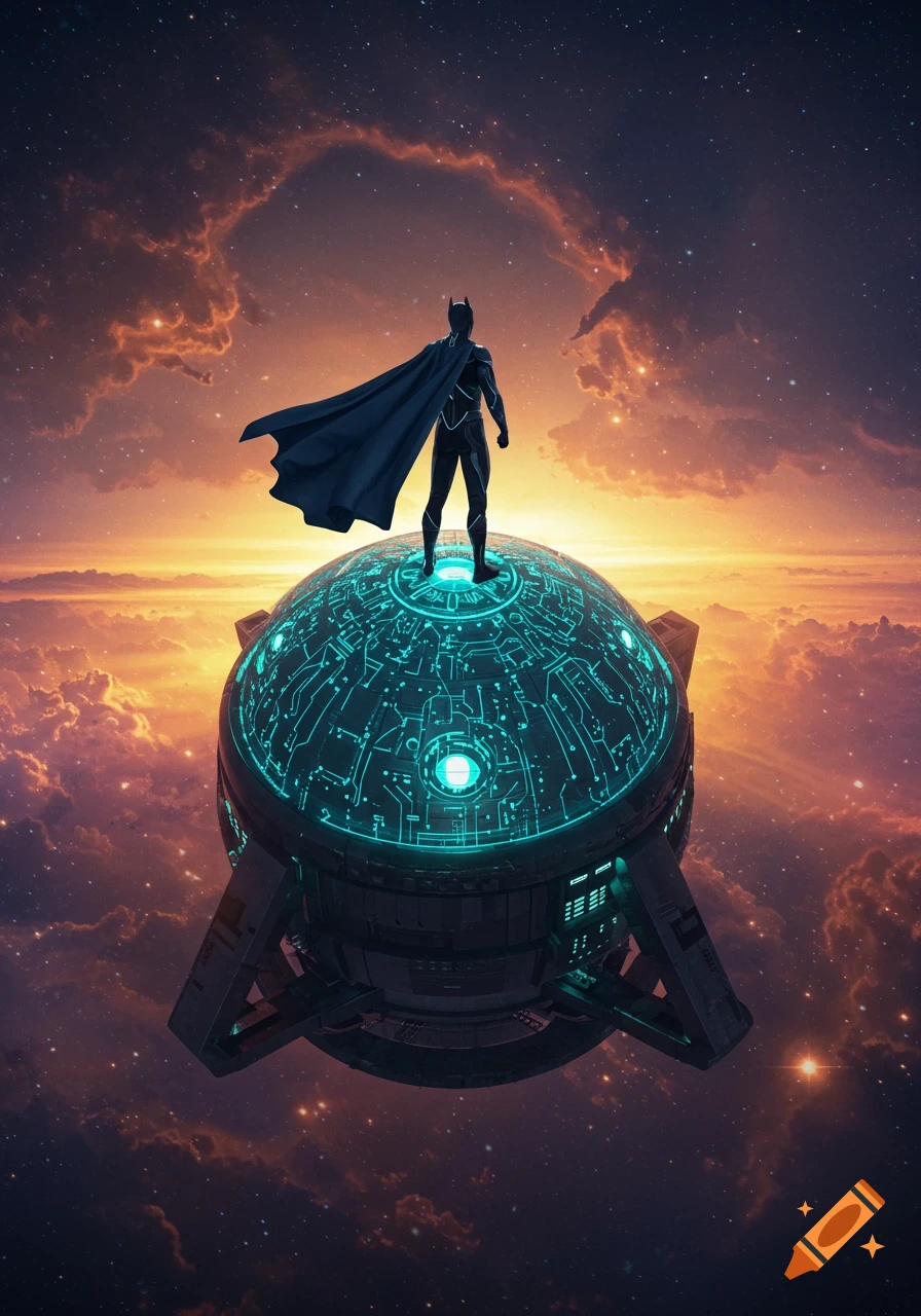 A superhero stands on a glowing futuristic time machine, silhouetted against a dramatic starlit sky and clouds.