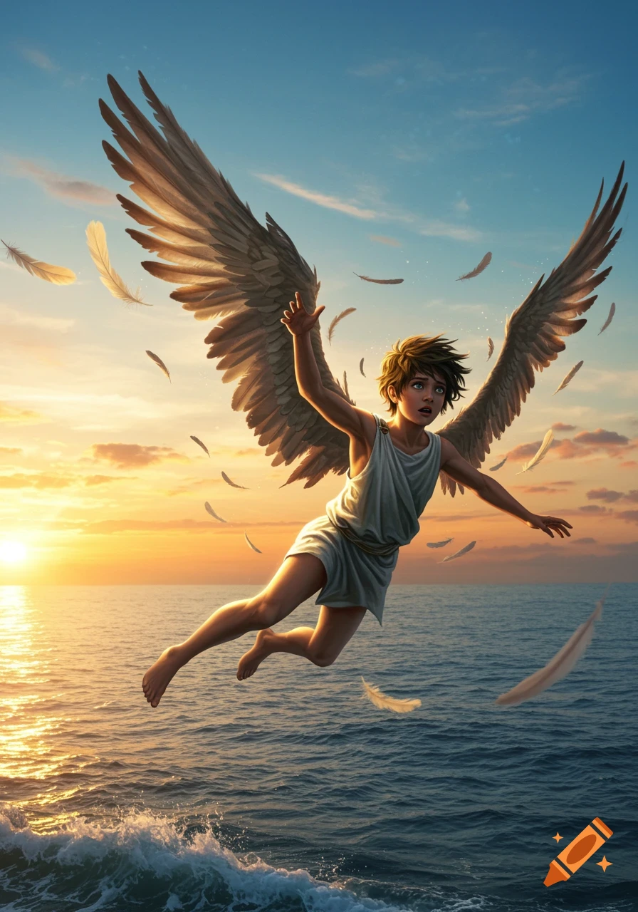 A photorealistic image of Icarus falling towards the ocean at sunset, with feathers scattering around him.
