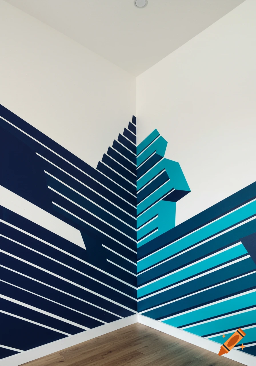 Optical illusion wall art in a room corner, featuring dark and light blue geometric lines creating a 3D effect on white walls above a wooden floor.